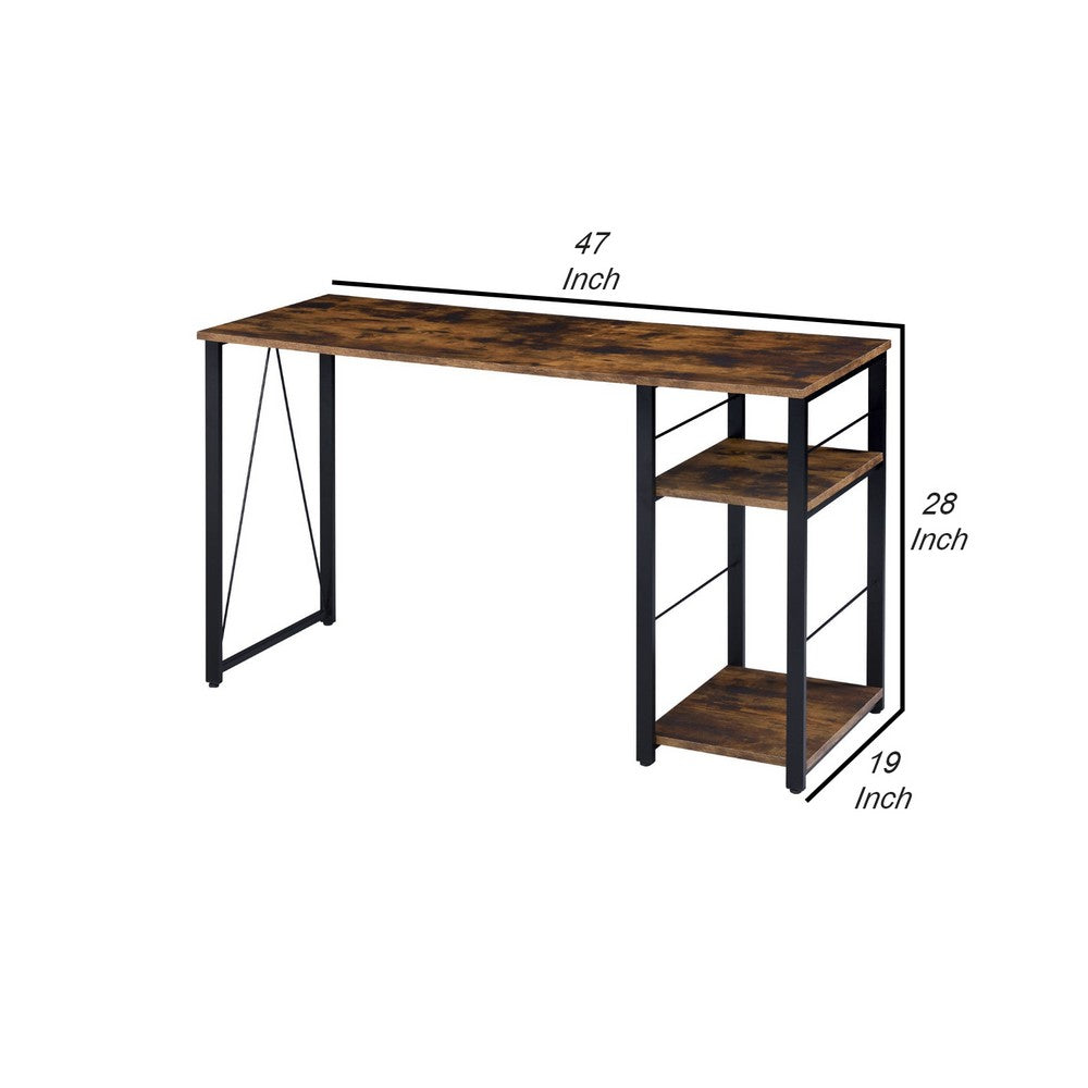 Writing Desk with 2 Tier Shelves and Tubular Metal Legs, Brown and Black - BM250198