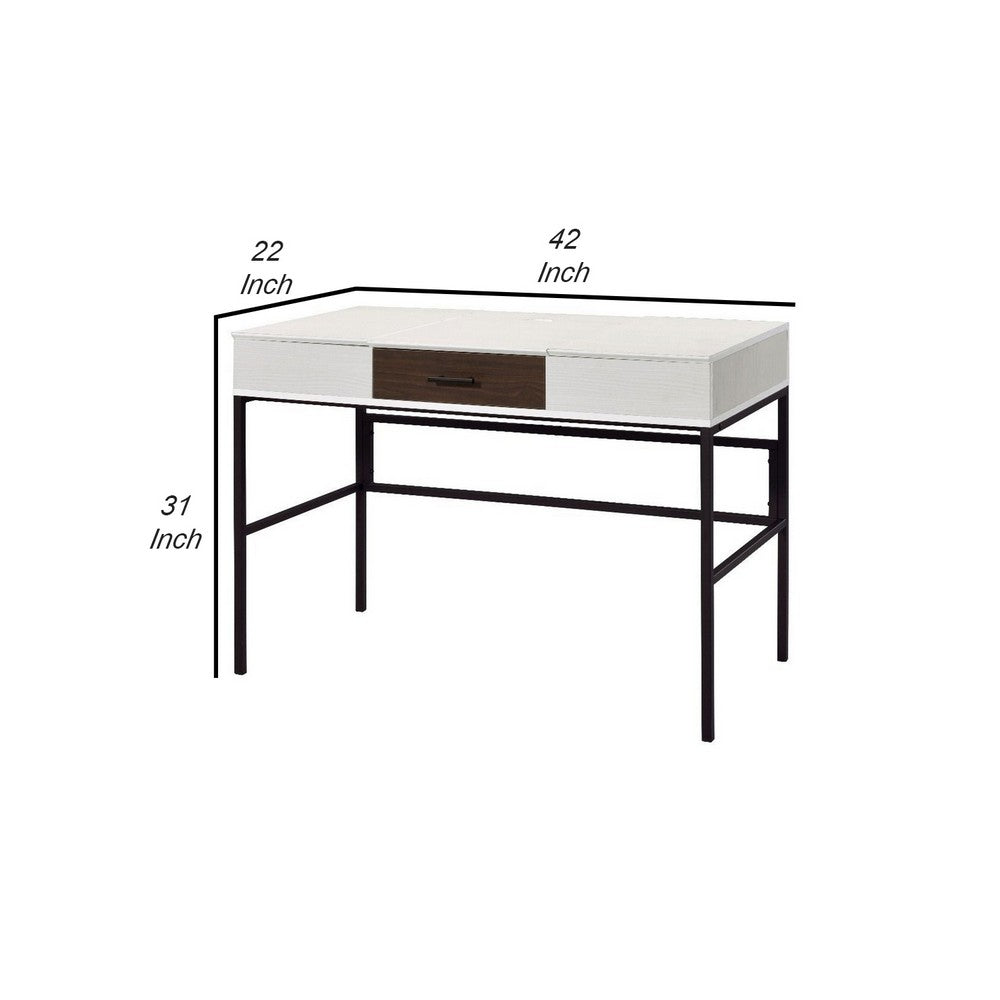 Writing Desk with 2 Hinged Top Storage Compartments, White and Black - BM250200