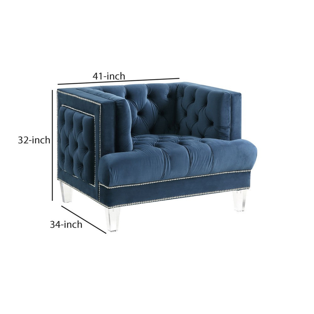 Velvet Upholstered Chair with Tufted Details and Acrylic Legs, Blue - BM250213