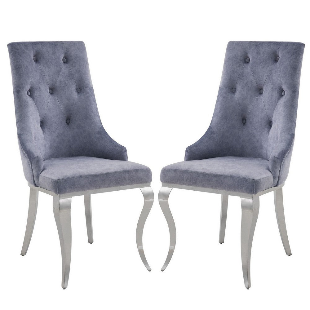 Side Chair with Button Tufting and Metal Legs, Set of 2, Gray and Silver - BM250221