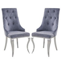 Side Chair with Button Tufting and Metal Legs, Set of 2, Gray and Silver - BM250221