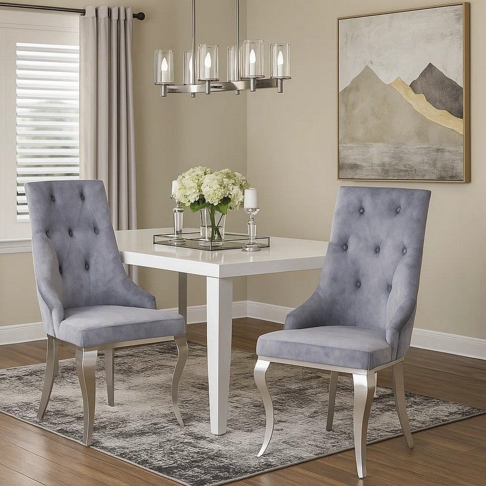 Side Chair with Button Tufting and Metal Legs, Set of 2, Gray and Silver - BM250221