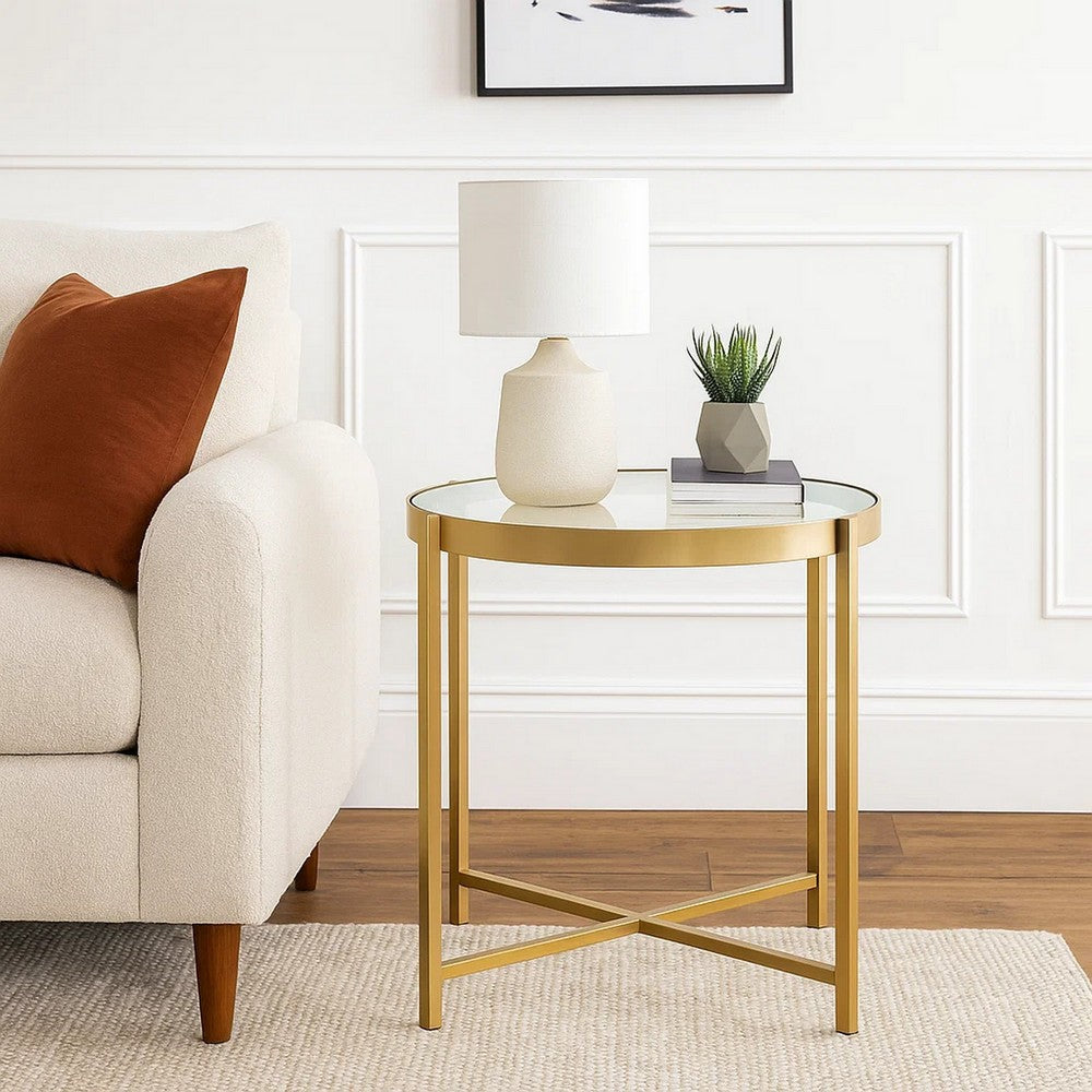 End Table with Round Glass Top and Metal Frame, Gold - BM250228
