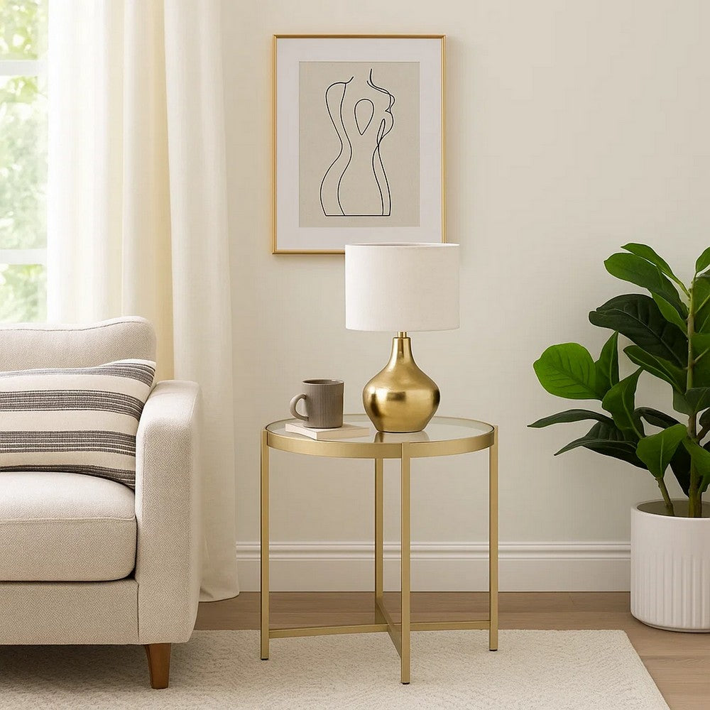 End Table with Round Glass Top and Metal Frame, Gold - BM250228