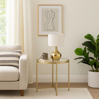 End Table with Round Glass Top and Metal Frame, Gold - BM250228