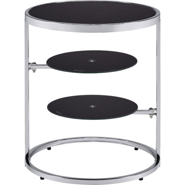 20 Inch Accent Table with 2 Tier Swivel Glass Shelves, Black and Chrome - BM250241