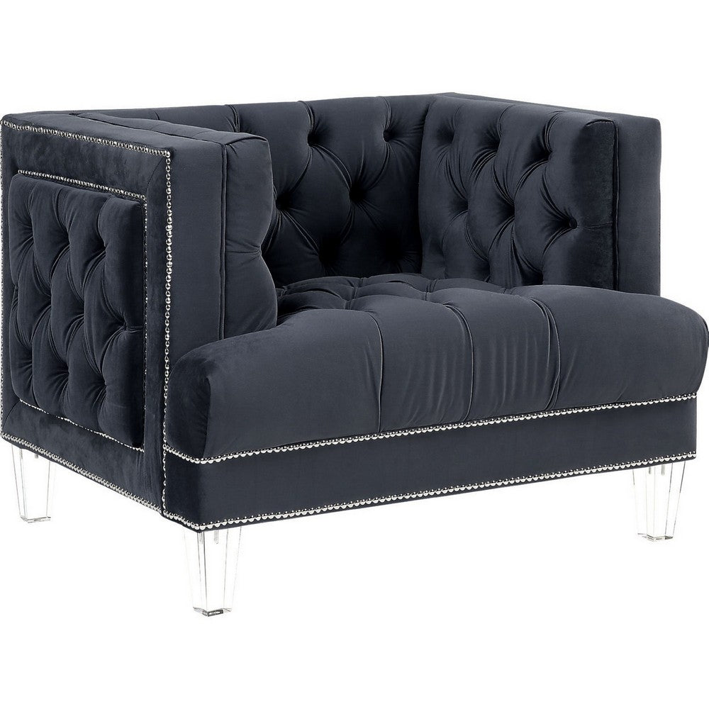 Velvet Upholstered Chair, with Tufted Details and Acrylic Legs, Black - BM250242