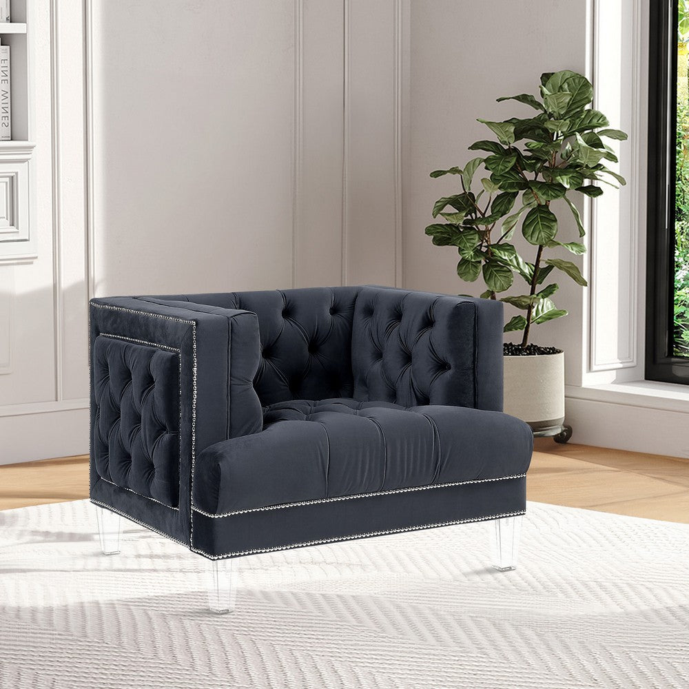 Velvet Upholstered Chair, with Tufted Details and Acrylic Legs, Black - BM250242
