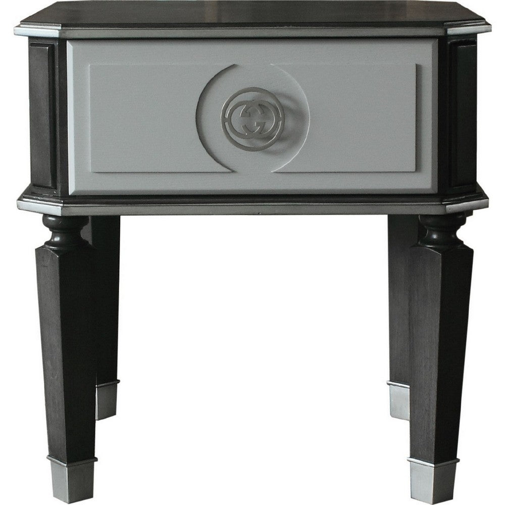 MDF End Table with 1 Drawer and Turned Tapered Legs, Gray and Silver - BM250262
