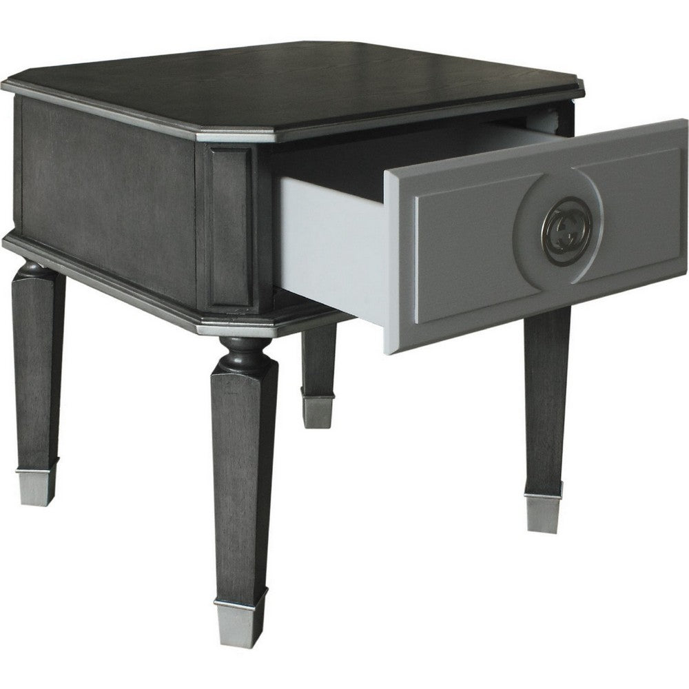 MDF End Table with 1 Drawer and Turned Tapered Legs, Gray and Silver - BM250262