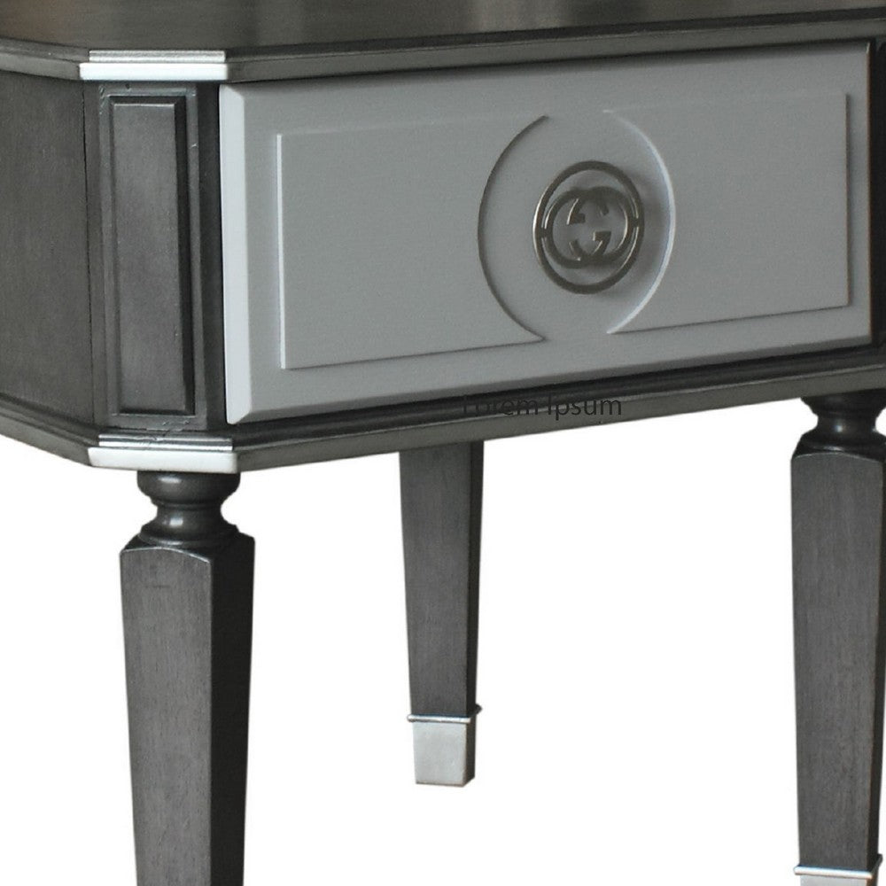 MDF End Table with 1 Drawer and Turned Tapered Legs, Gray and Silver - BM250262