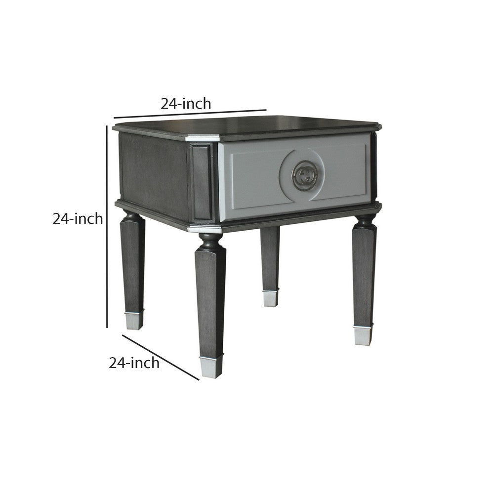 MDF End Table with 1 Drawer and Turned Tapered Legs, Gray and Silver - BM250262