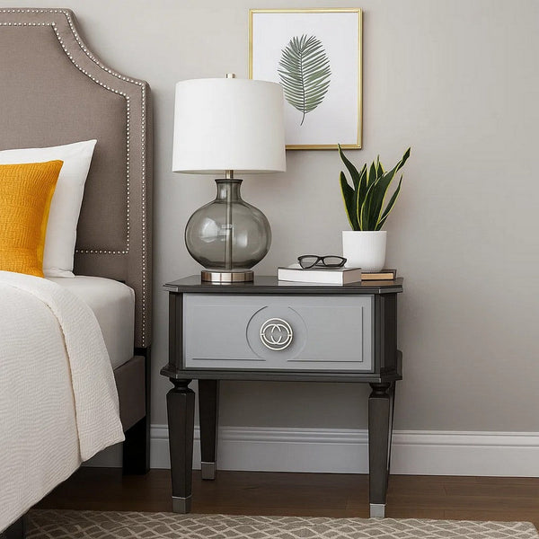 MDF End Table with 1 Drawer and Turned Tapered Legs, Gray and Silver - BM250262