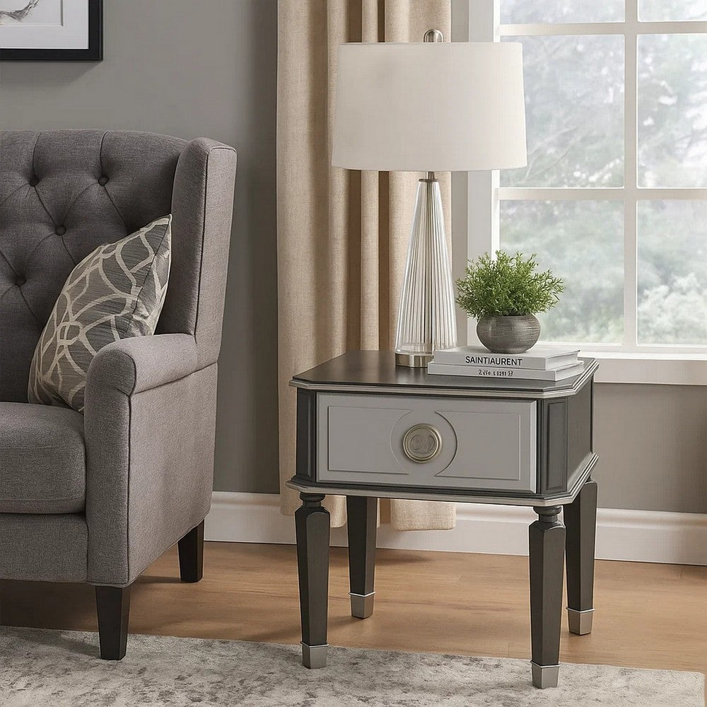 MDF End Table with 1 Drawer and Turned Tapered Legs, Gray and Silver - BM250262