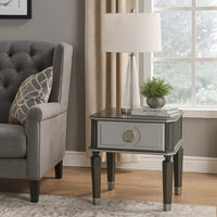 MDF End Table with 1 Drawer and Turned Tapered Legs, Gray and Silver - BM250262