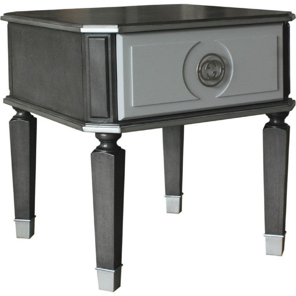 MDF End Table with 1 Drawer and Turned Tapered Legs, Gray and Silver - BM250262