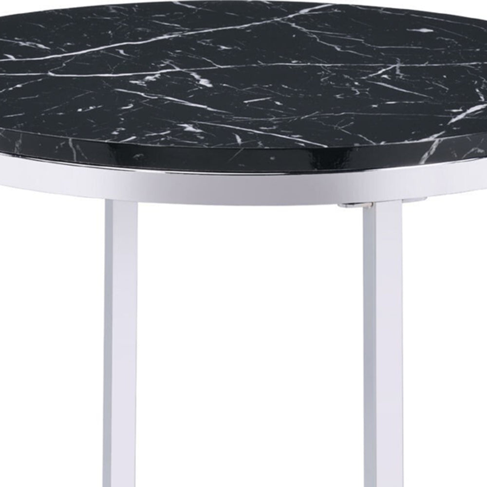 End Table with Round Faux Marble Top and Glass Shelf, Black - BM250265