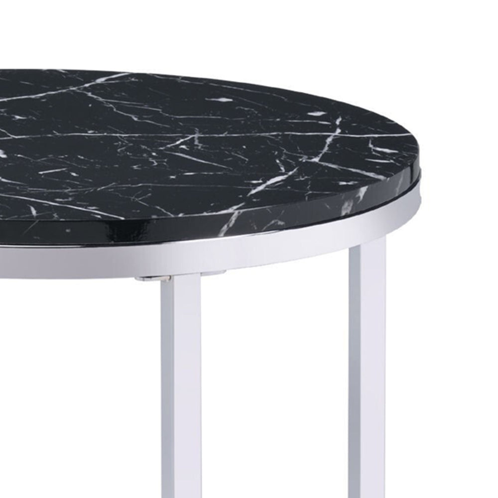 End Table with Round Faux Marble Top and Glass Shelf, Black - BM250265