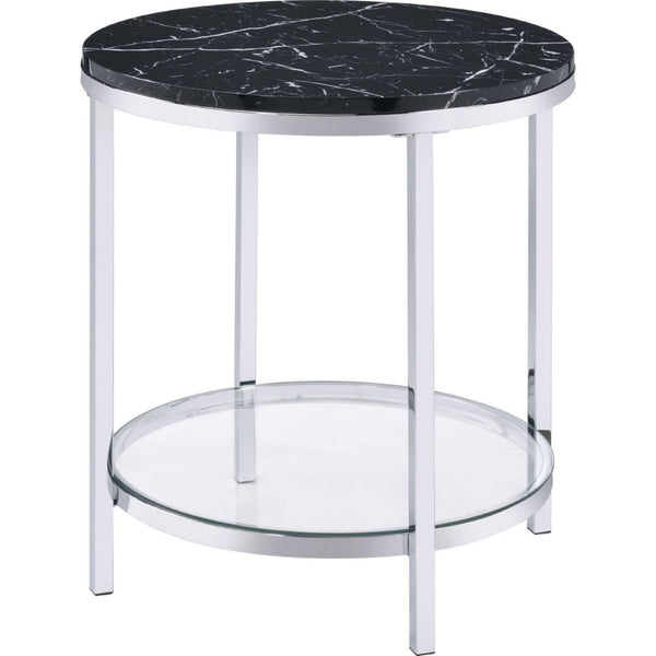 End Table with Round Faux Marble Top and Glass Shelf, Black - BM250265