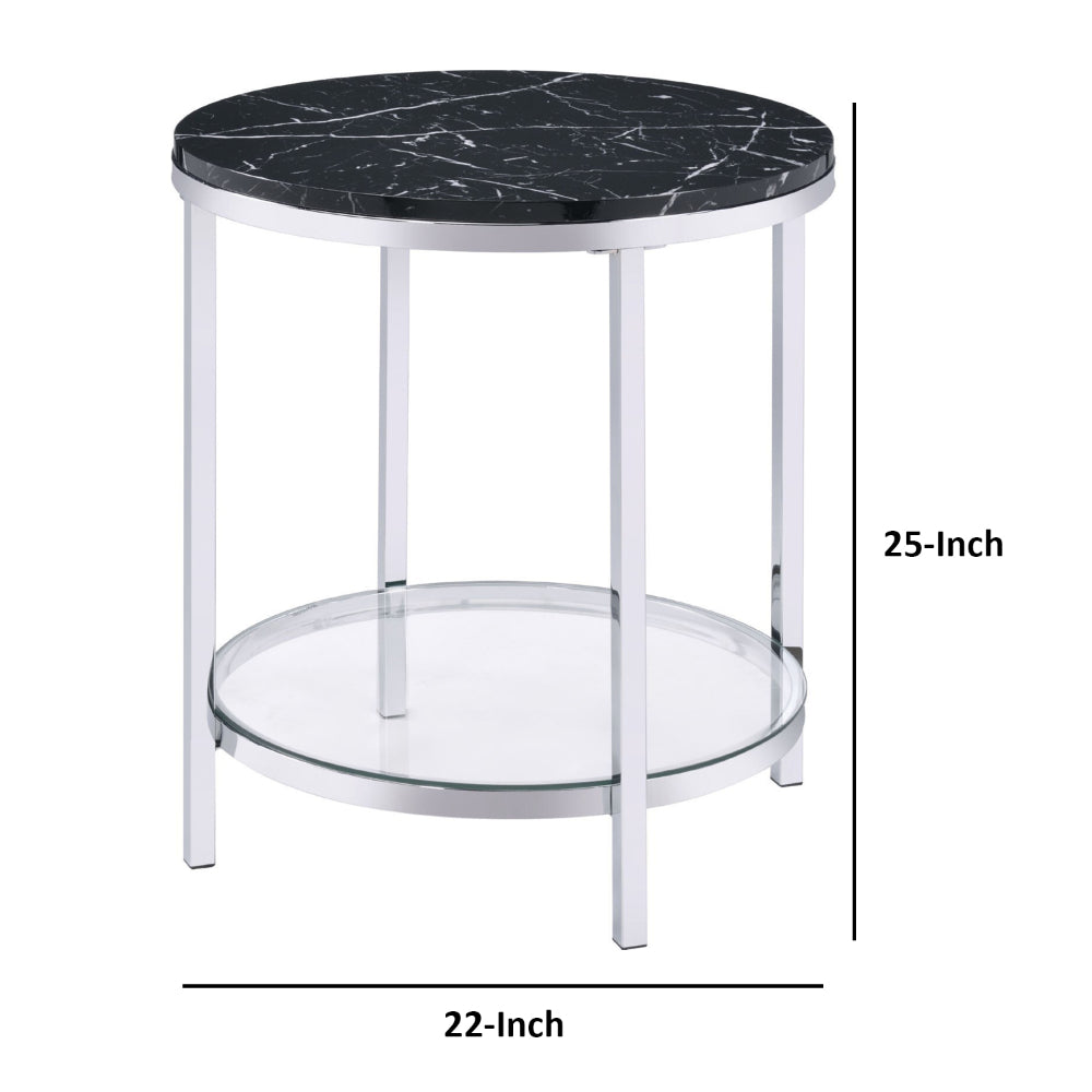 End Table with Round Faux Marble Top and Glass Shelf, Black - BM250265