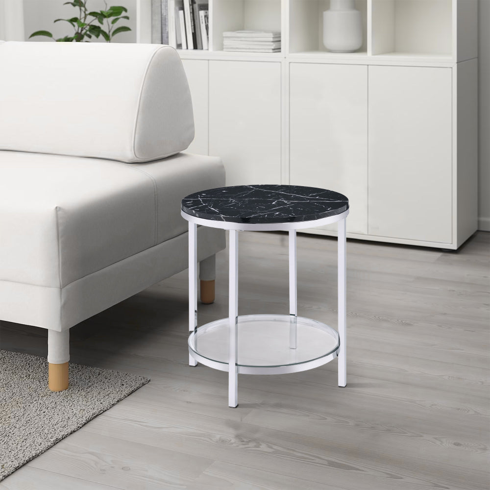 End Table with Round Faux Marble Top and Glass Shelf, Black - BM250265