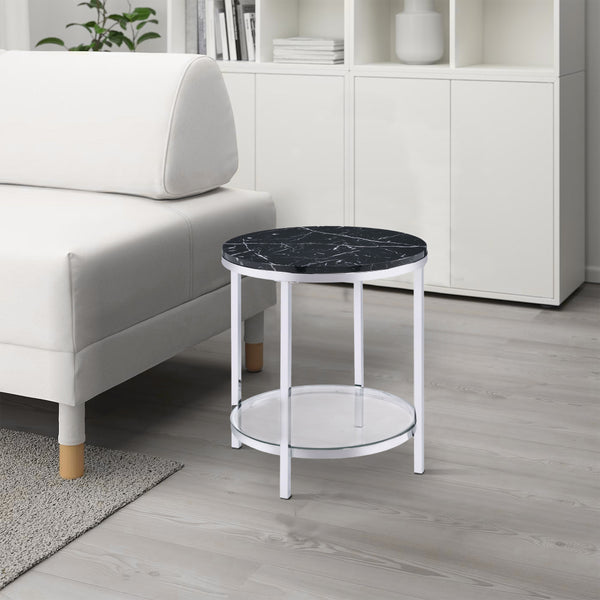 End Table with Round Faux Marble Top and Glass Shelf, Black - BM250265