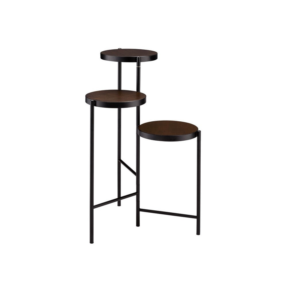 3 Tier Plant Stand with Round Wooden Shelves and Foldable Design, Black - BM250280