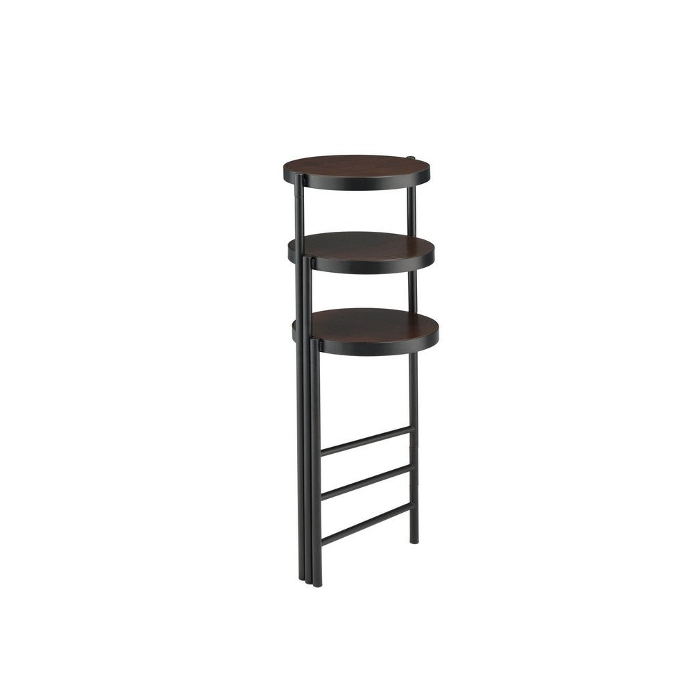 3 Tier Plant Stand with Round Wooden Shelves and Foldable Design, Black - BM250280