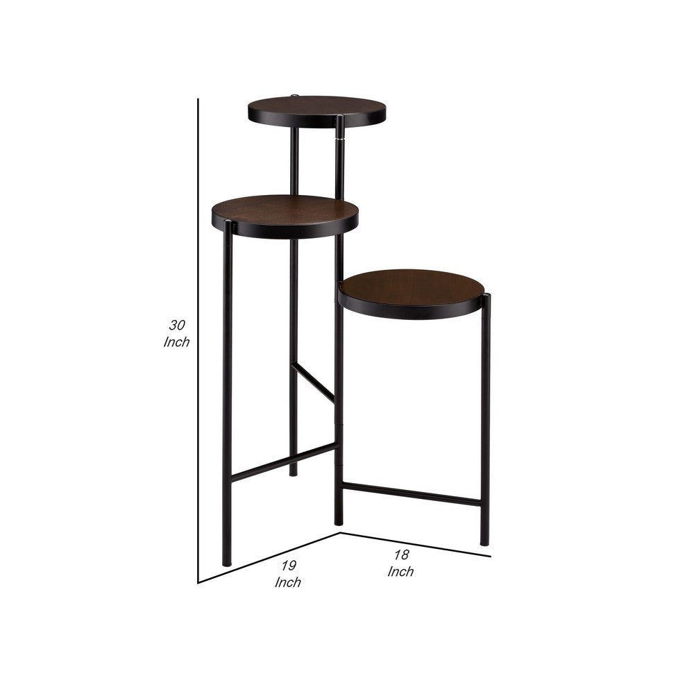3 Tier Plant Stand with Round Wooden Shelves and Foldable Design, Black - BM250280