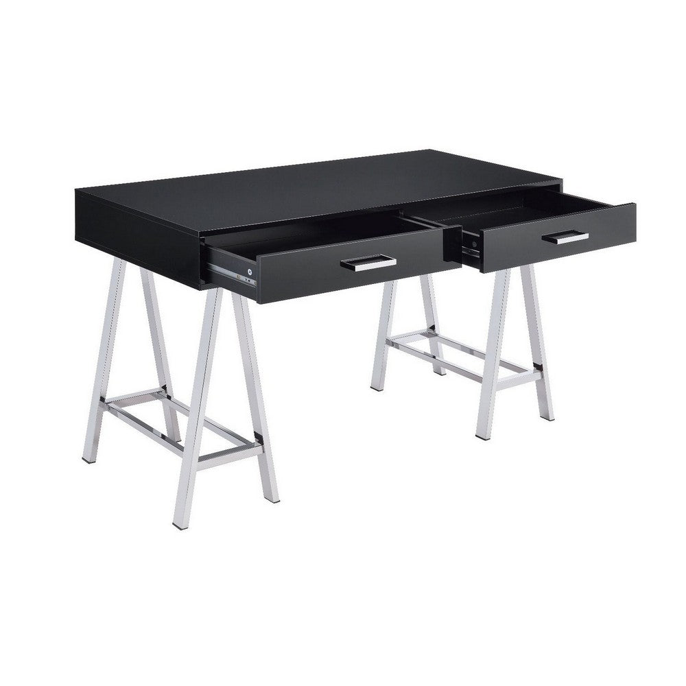 Writing Desk with MDF 2 Drawers and Metal Legs, Black and Chrome - BM250281