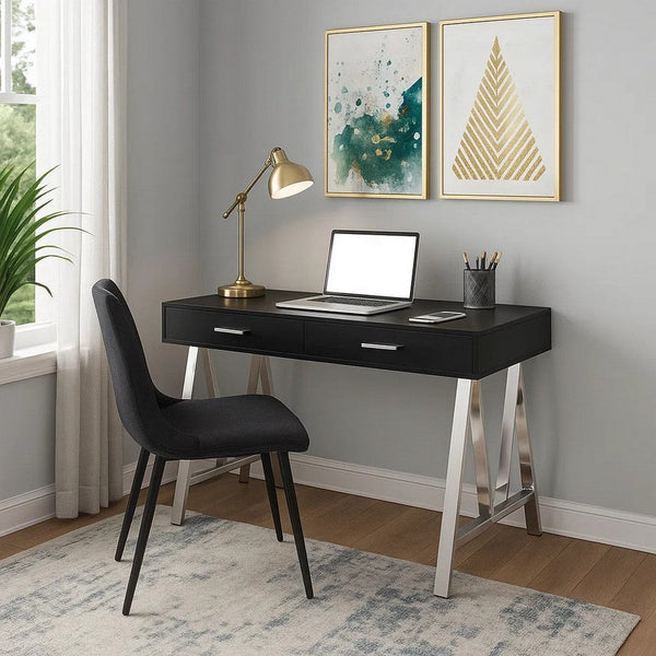 Writing Desk with MDF 2 Drawers and Metal Legs, Black and Chrome - BM250281