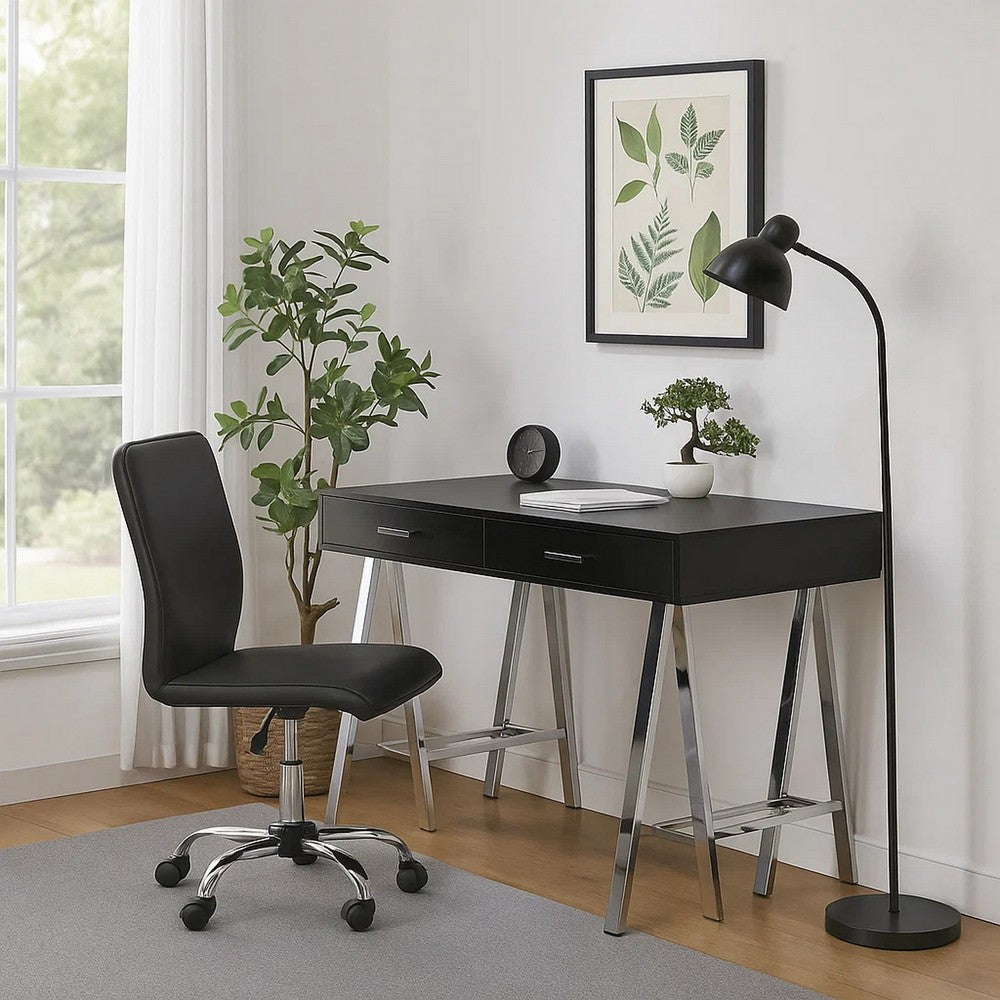Writing Desk with MDF 2 Drawers and Metal Legs, Black and Chrome - BM250281