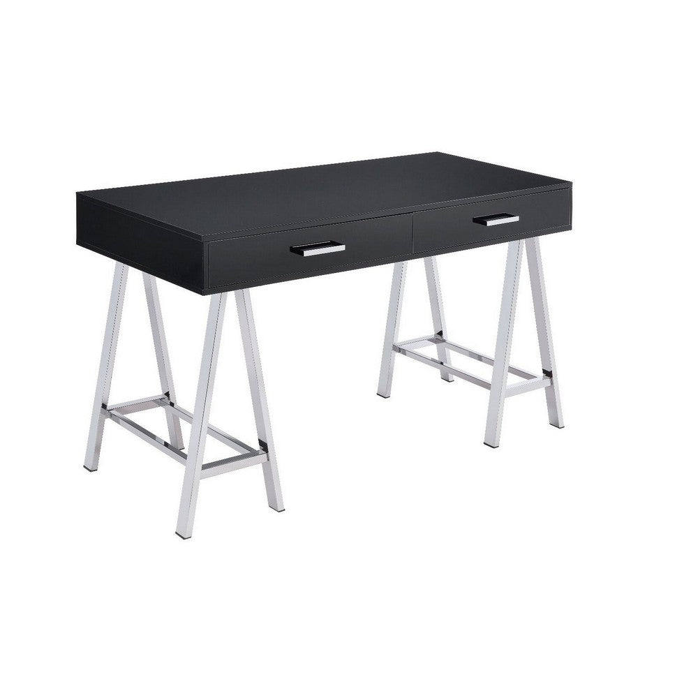 Writing Desk with MDF 2 Drawers and Metal Legs, Black and Chrome - BM250281