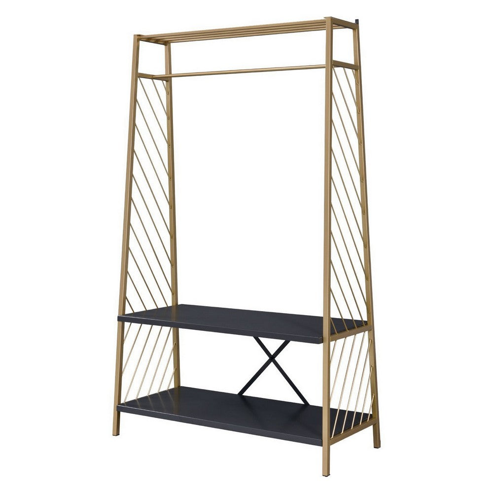 Hall Tree with 2 Shelves and X Bar Panels, Gold and Black - BM250293