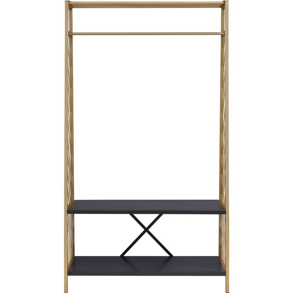 Hall Tree with 2 Shelves and X Bar Panels, Gold and Black - BM250293
