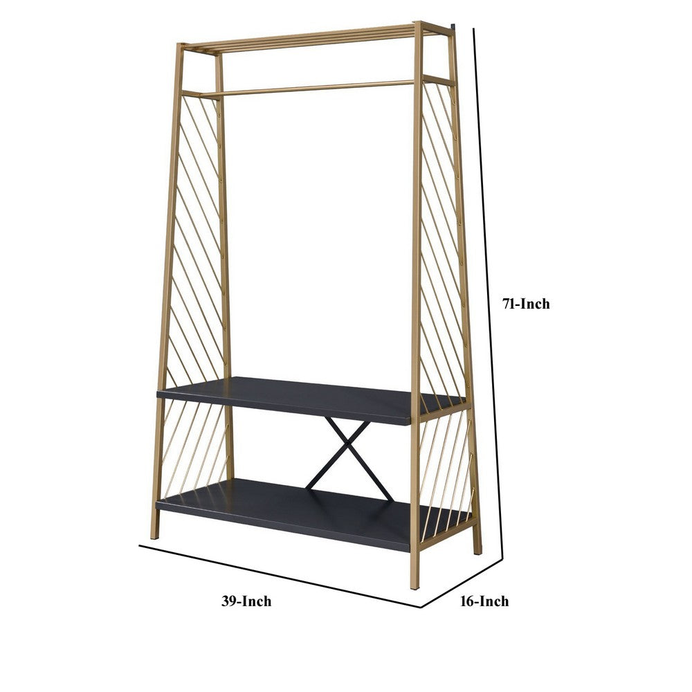 Hall Tree with 2 Shelves and X Bar Panels, Gold and Black - BM250293