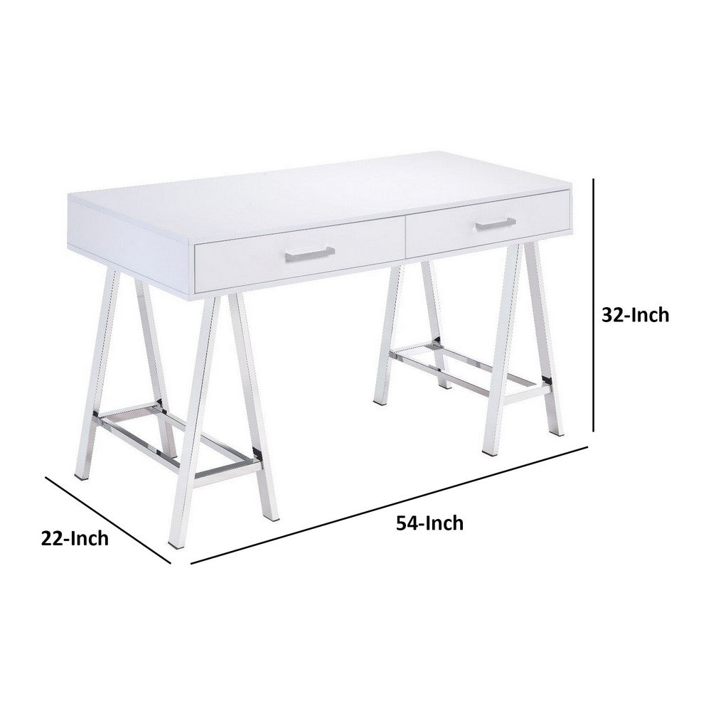 Writing Desk with MDF 2 Drawers and Metal Legs, White and Chrome - BM250294