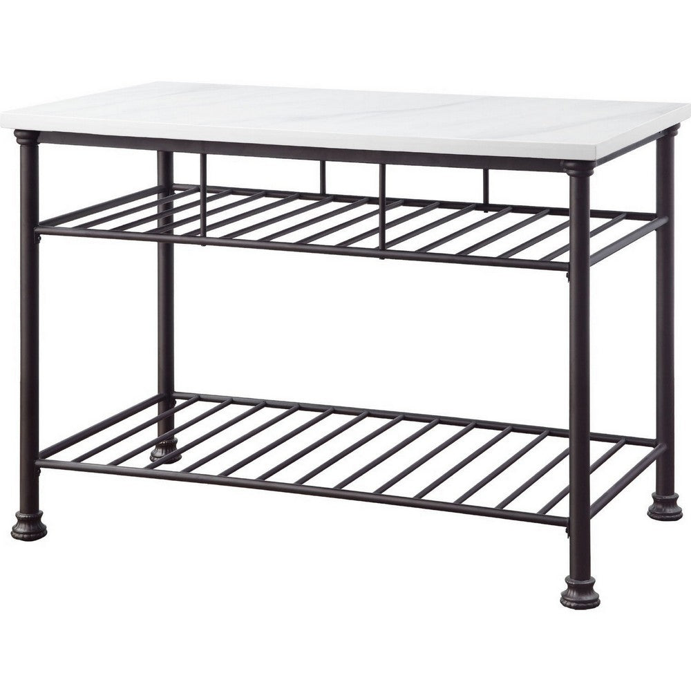 Kitchen Island with Artificial Marble Top and 2 Slatted Shelf, White - BM250299