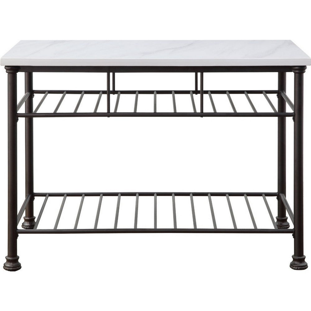 Kitchen Island with Artificial Marble Top and 2 Slatted Shelf, White - BM250299