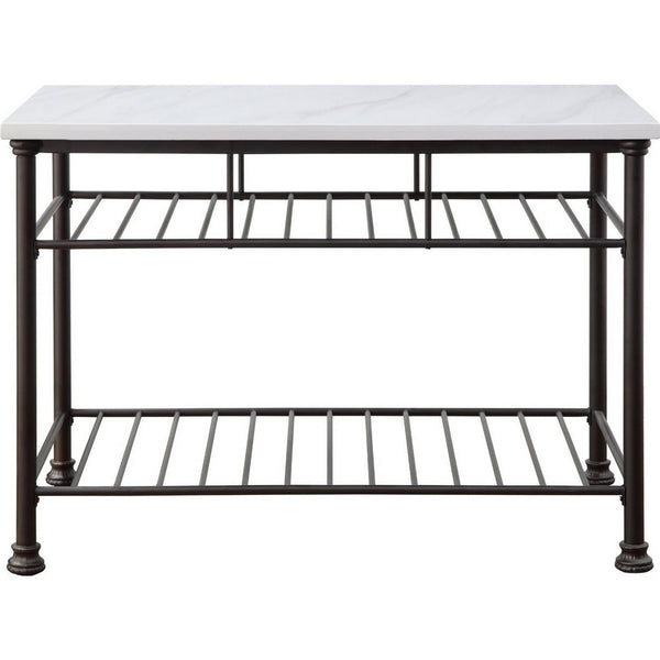 Kitchen Island with Artificial Marble Top and 2 Slatted Shelf, White - BM250299
