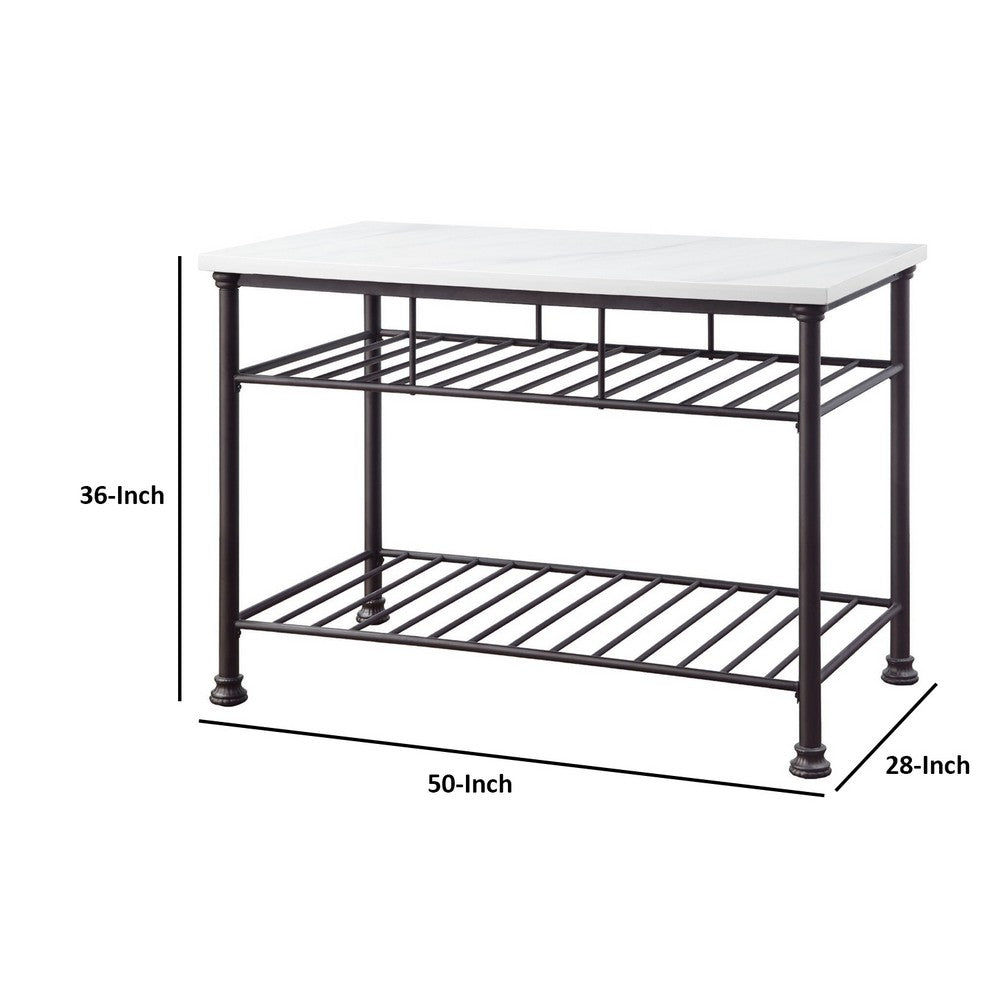 Kitchen Island with Artificial Marble Top and 2 Slatted Shelf, White - BM250299