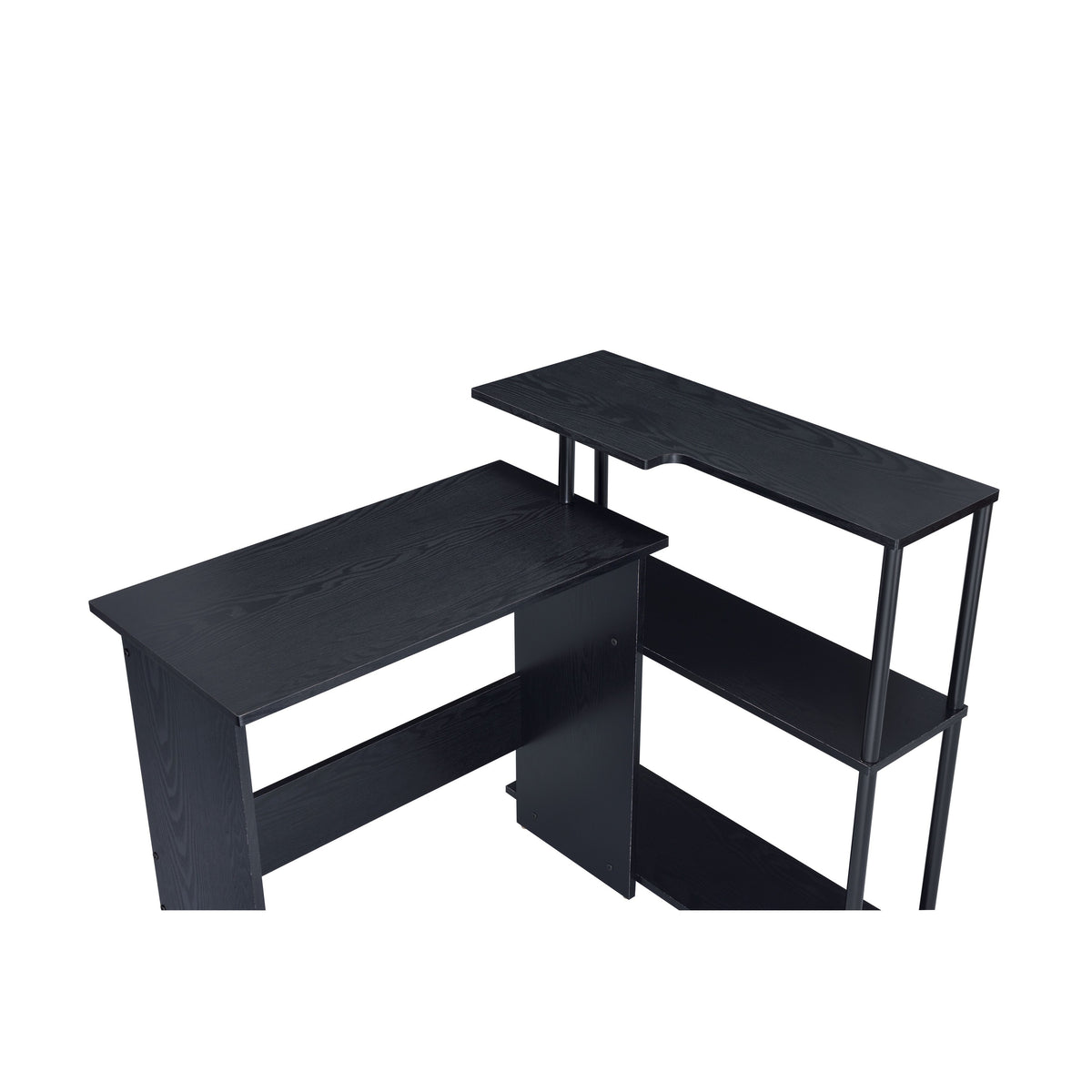 Writing Desk with L Shaped Design and 3 Tier Wooden Shelves, Black - BM250315