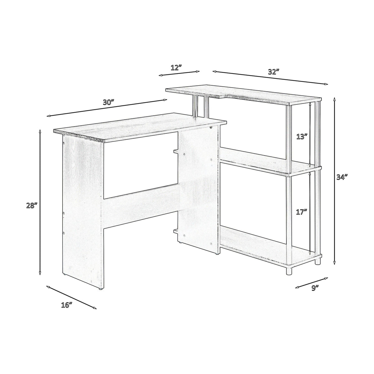 Writing Desk with L Shaped Design and 3 Tier Wooden Shelves, Black - BM250315