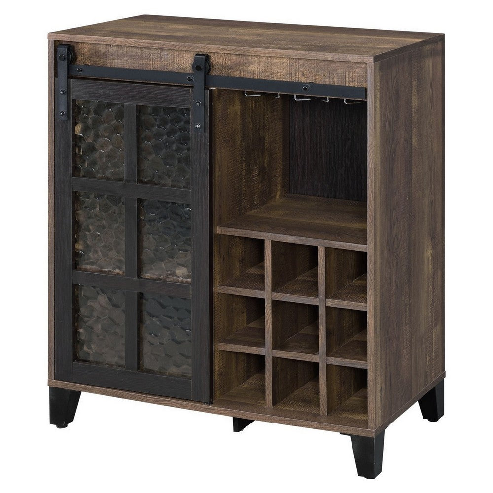 Wine Cabinet with Metal Barn Sliding Glass Door and 9 Cubbies, Brown - BM250329