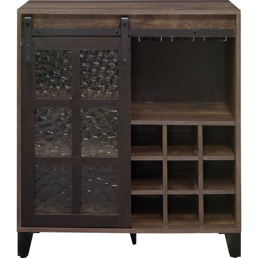Wine Cabinet with Metal Barn Sliding Glass Door and 9 Cubbies, Brown - BM250329