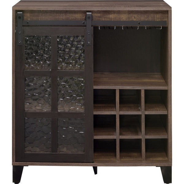 Wine Cabinet with Metal Barn Sliding Glass Door and 9 Cubbies, Brown - BM250329