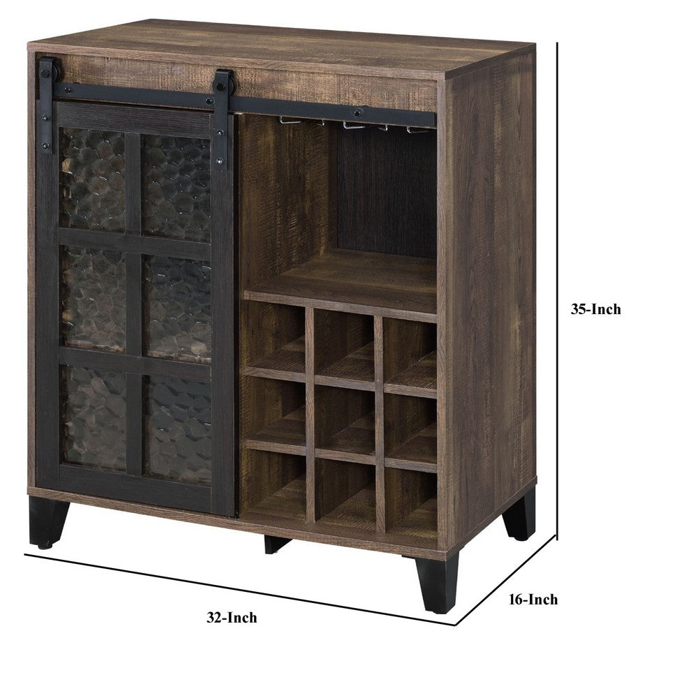 Wine Cabinet with Metal Barn Sliding Glass Door and 9 Cubbies, Brown - BM250329