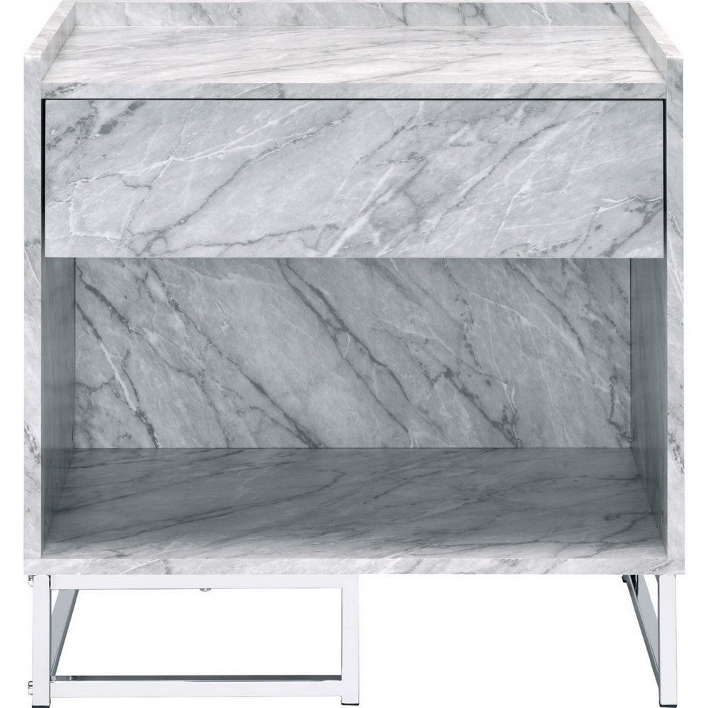 Faux Marble Accent Table with Chrome Finish, White - BM250334