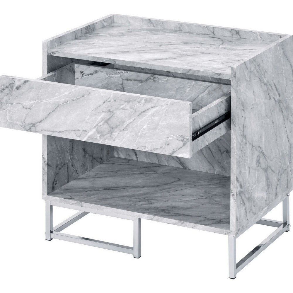 Faux Marble Accent Table with Chrome Finish, White - BM250334