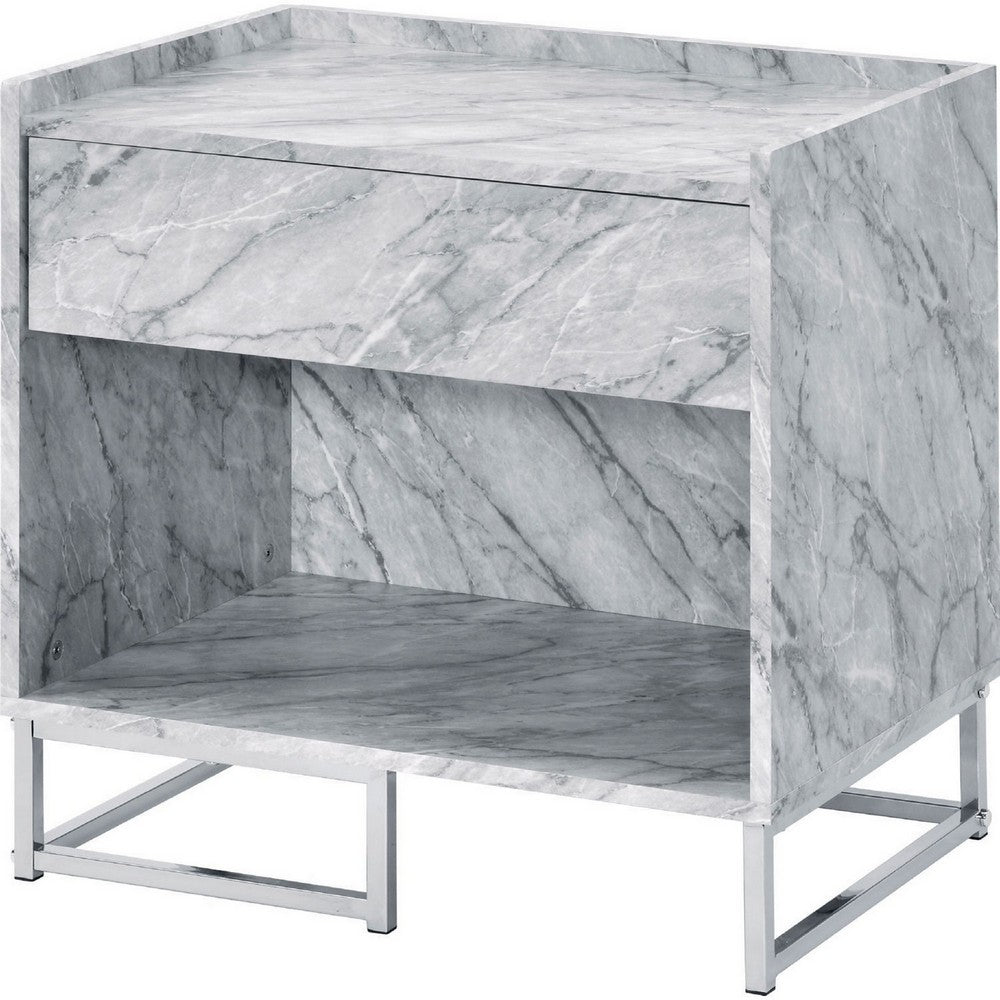 Faux Marble Accent Table with Chrome Finish, White - BM250334